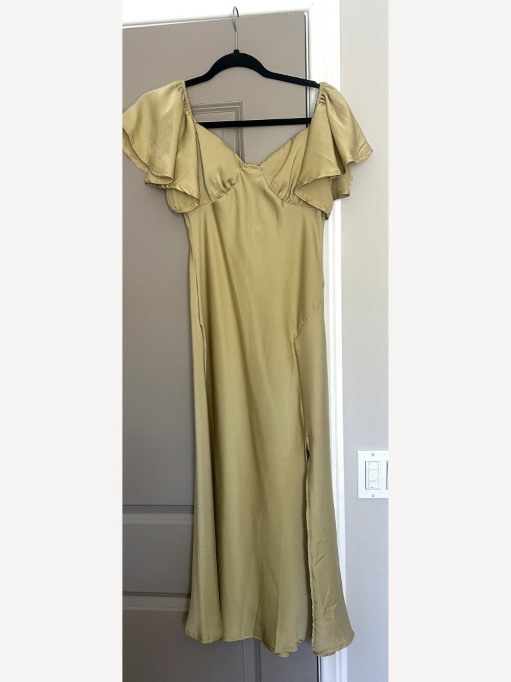 Pistachio Green Satin Midi Dress Flutter Sleeve Sweetheart Slit